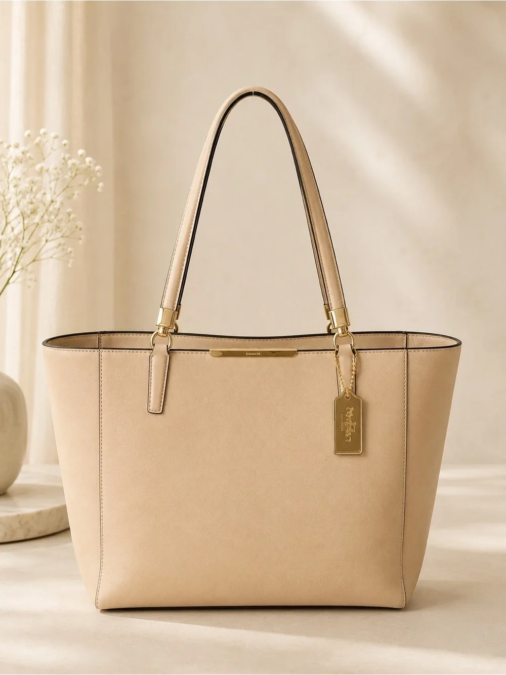 Coach Madison Beige Saffiano Leather Zip Top Tote Shoulder Bag Large